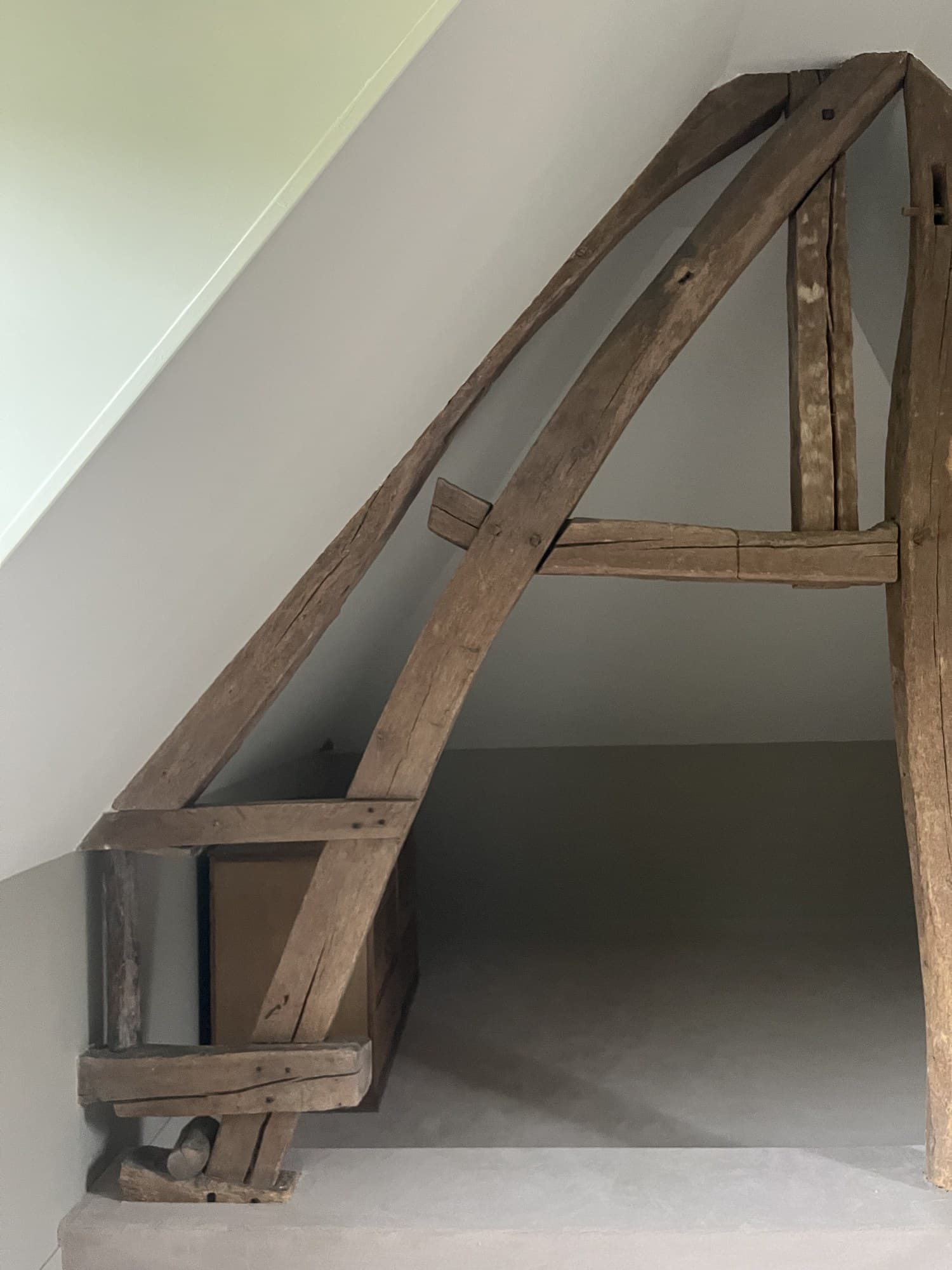 Charpente ancienne conservée nue devant un mur peint en gris-vert