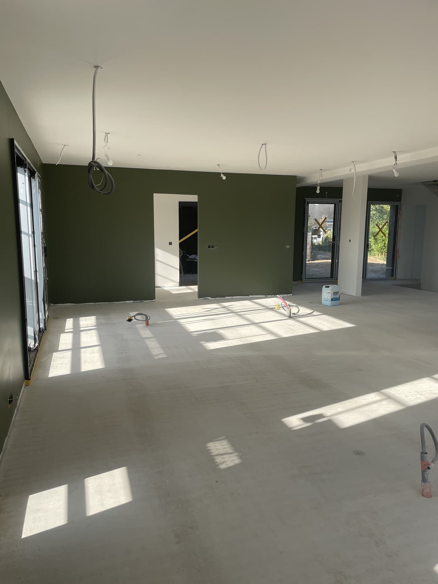 Double séjour, mur du fond peint en vert profond, sol intégralement protégé