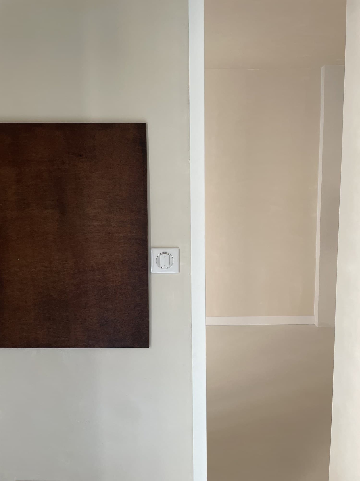 Panneau de porte en bois foncé contrastant avec le mur en enduit clair